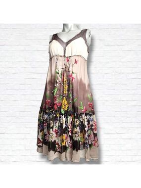 BCBG Maxazria Silk Y2K Brown Mesh Neckline Floral Print Fit & Flare Dress Size S